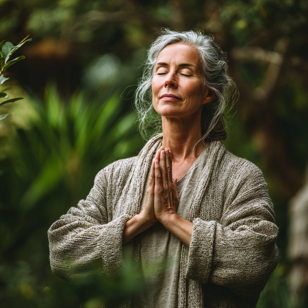 Mature woman practicing gentle yoga in peaceful natural setting