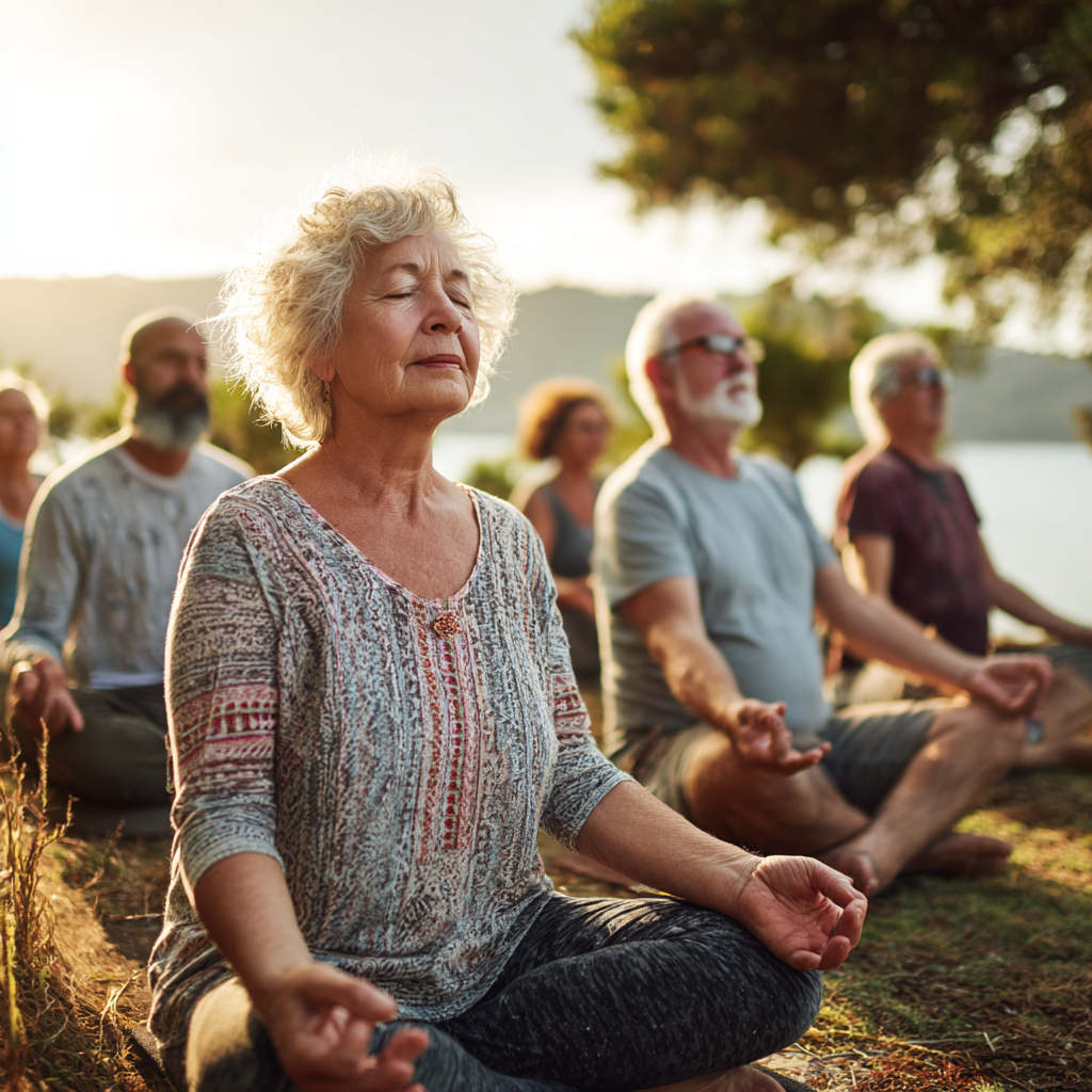 Senior adults enjoying peaceful group yoga session in natural environment